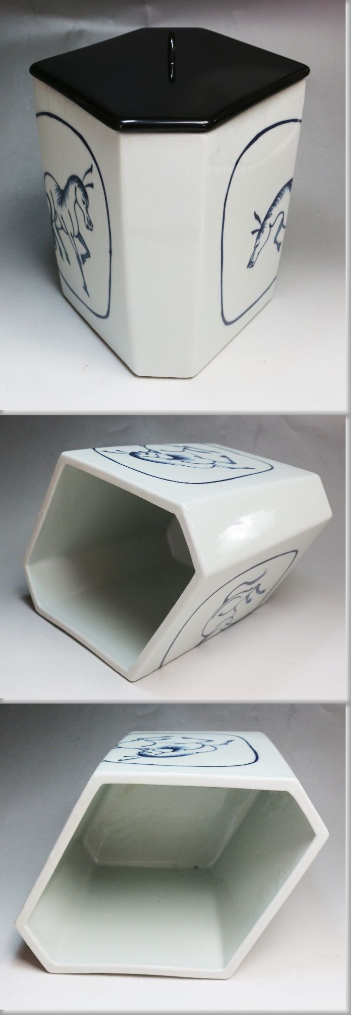 □□ 茶道具 京焼 富田静山 染付菱馬水指 四方桟