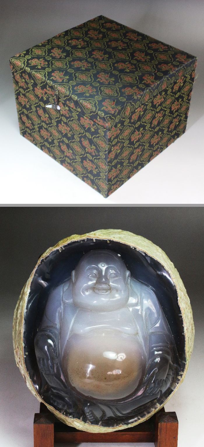 【売り銀座】中国美術工芸品　天然石　瑪瑙　細密彫　布袋様　置物　化粧箱 その他