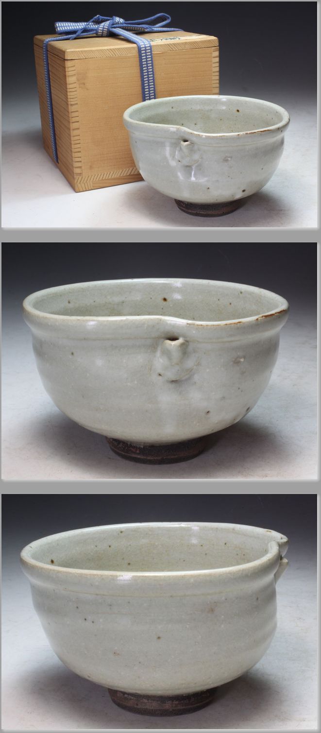 茶道具 唐津焼 江戸末期 灰釉饰片口付茶碗 木箱,日本代购网,myday买