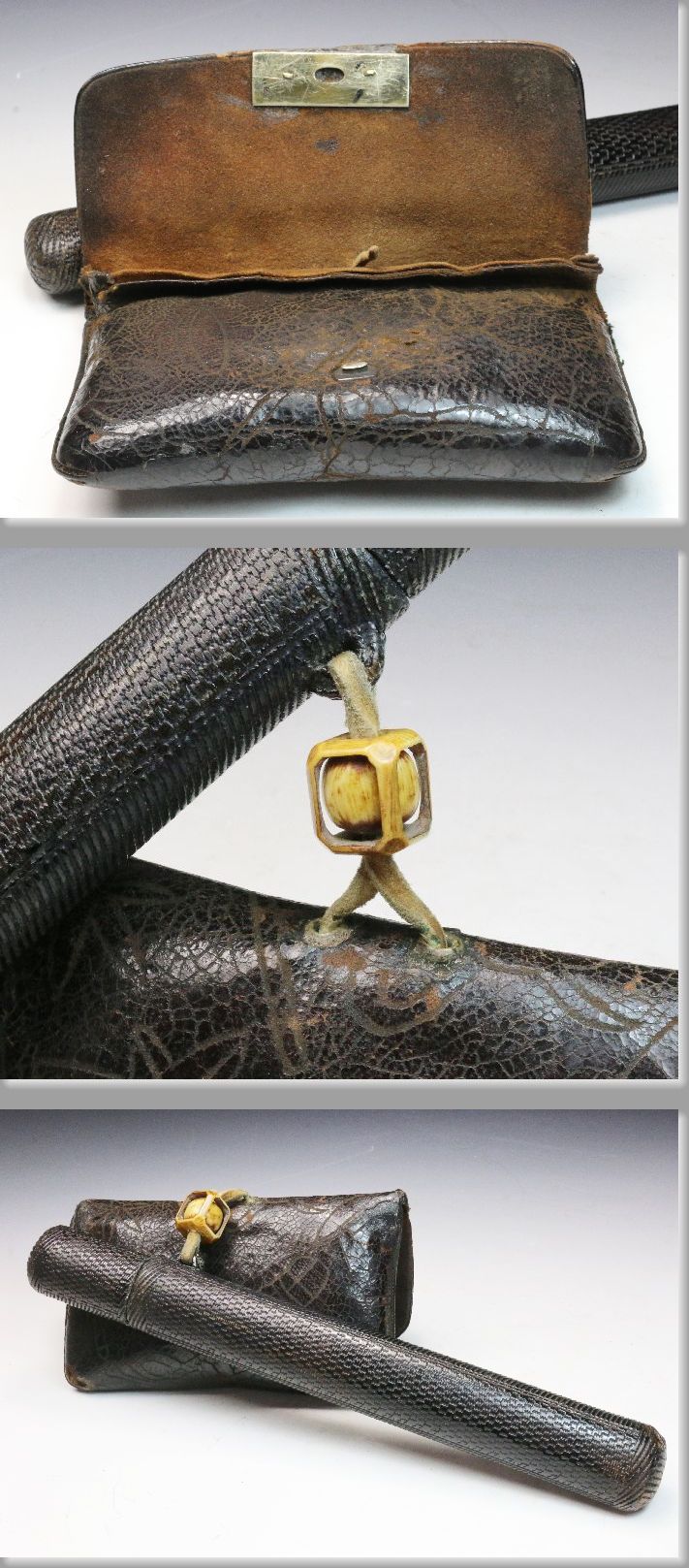 皮制烟草入れ ■■   时代 网代烟管筒 皮制烟草入れをお预かりしまし